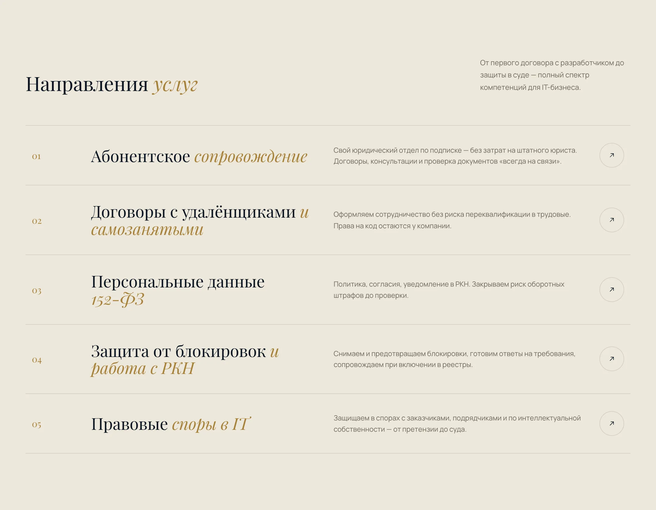 Список из пяти направлений услуг с описанием и стрелкой перехода