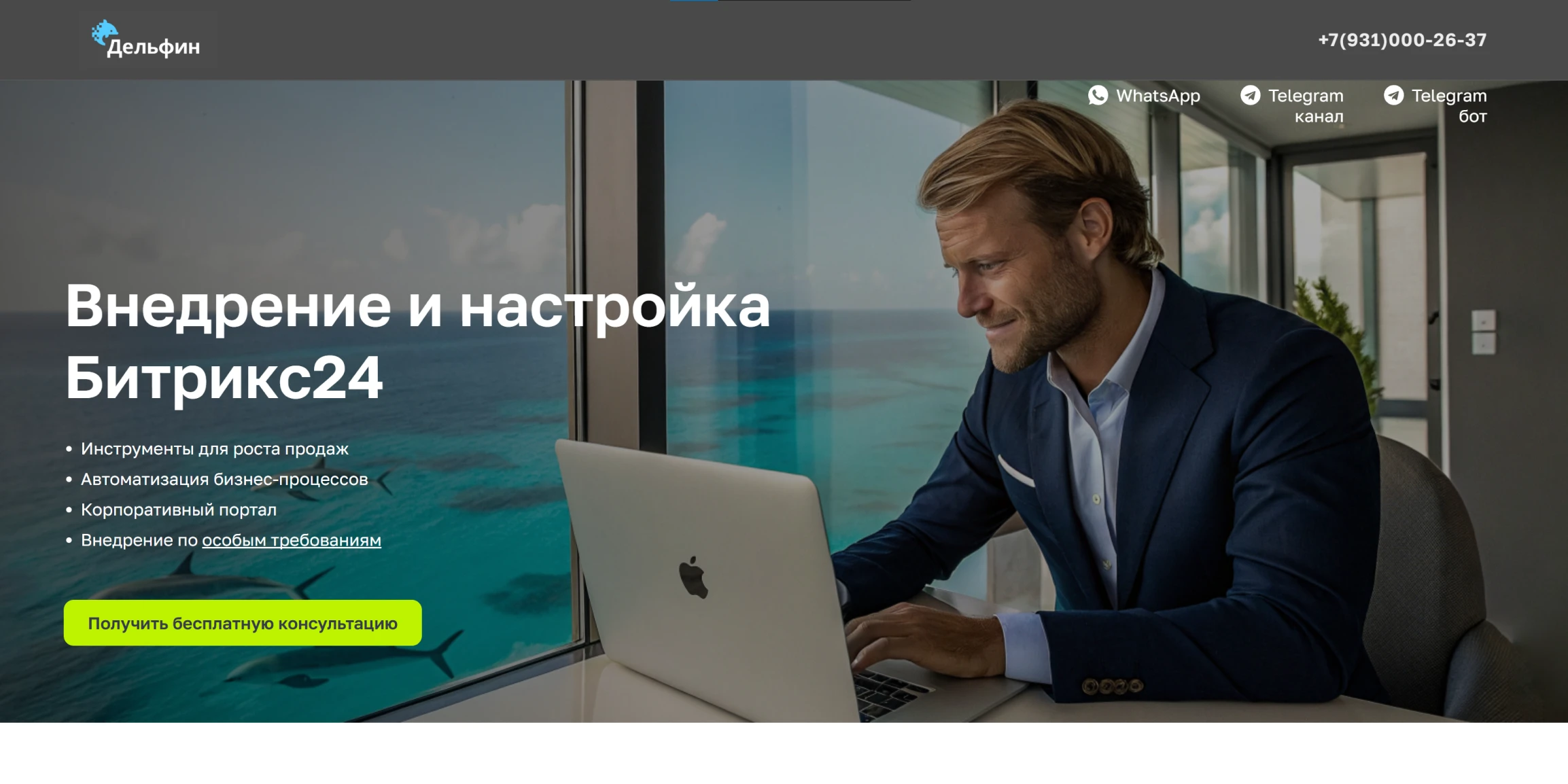 Первый экран лендинга Delphin