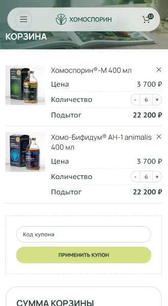 Мобильная версия: корзина с полем для купона