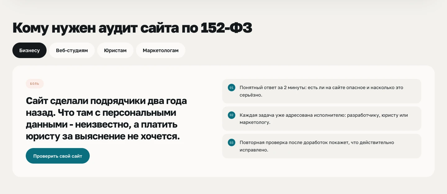 Блок «Кому нужен аудит сайта по 152-ФЗ» с четырьмя аудиториями