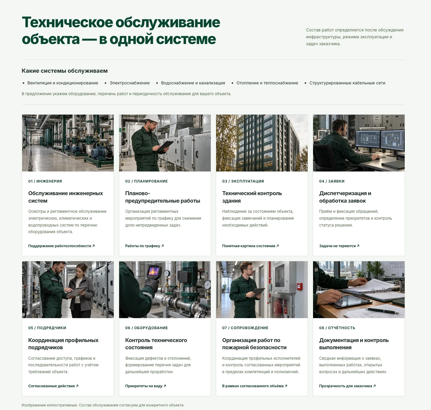Восемь направлений технической эксплуатации с карточками и иллюстрациями