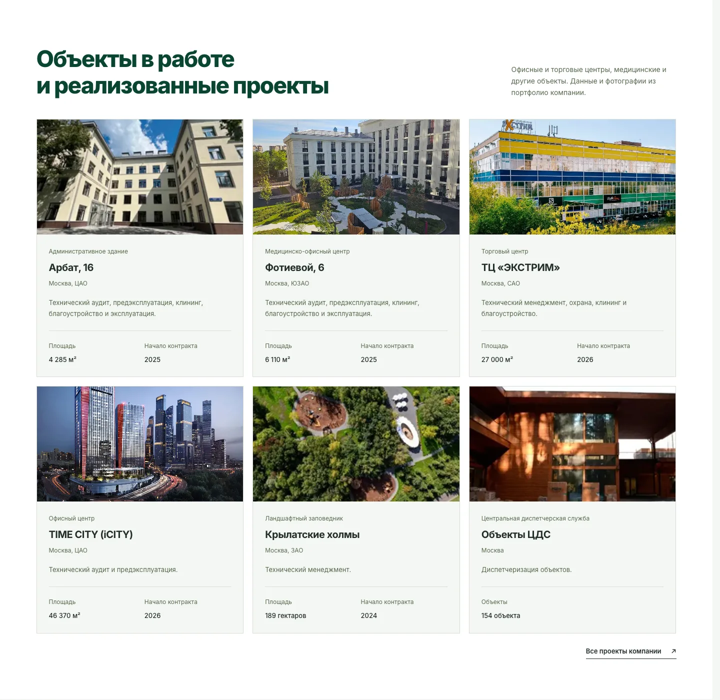 Объекты в работе: административные здания, медицинско-офисный центр, торговый центр