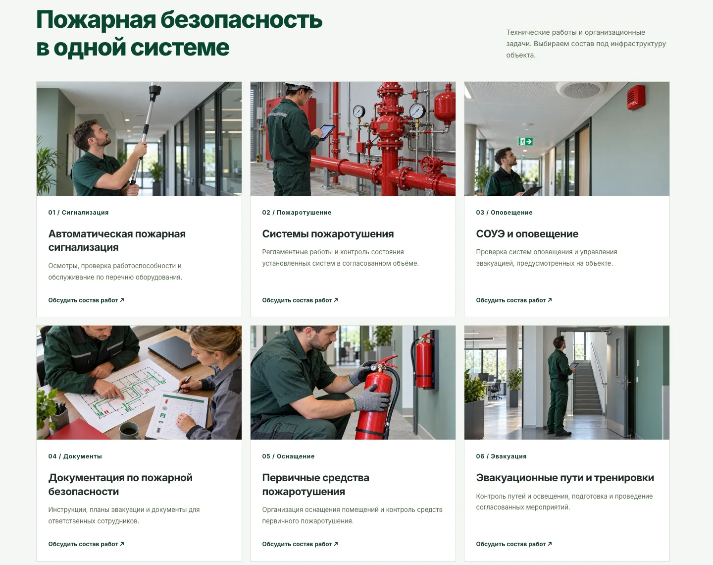 Шесть направлений пожарной безопасности: сигнализация, тушение, оповещение, документы, средства, эвакуация