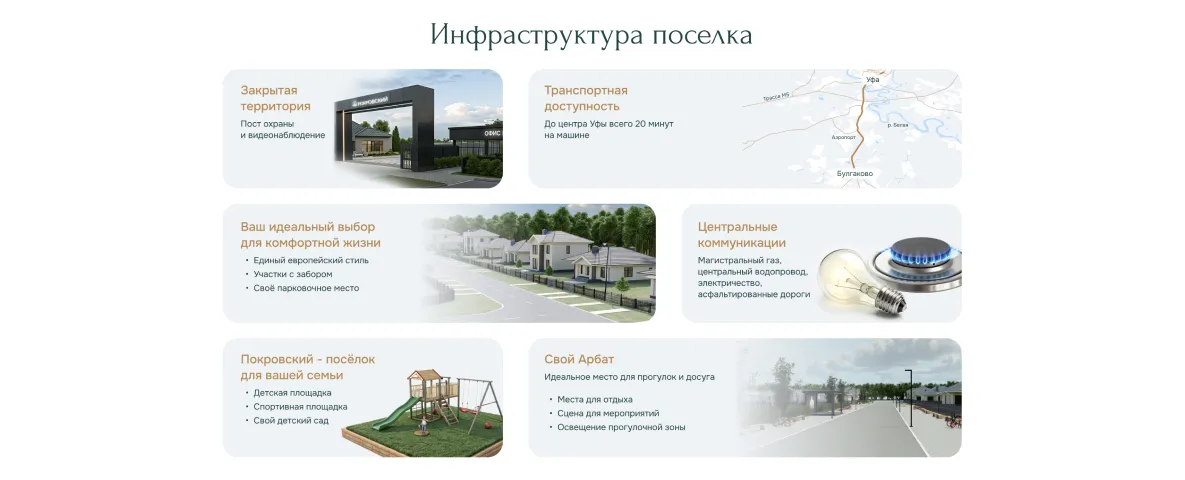 Блок «Инфраструктура посёлка»: охрана, коммуникации, детская и спортивная площадки