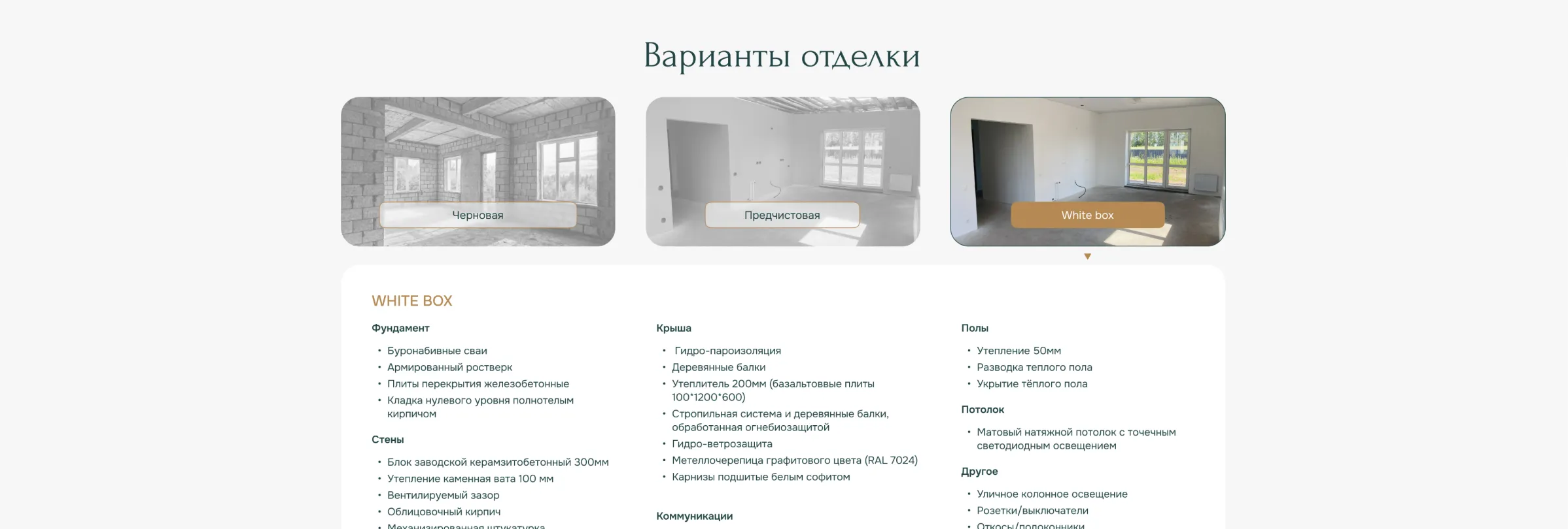 Три уровня отделки дома и подробный состав работ по системам White box