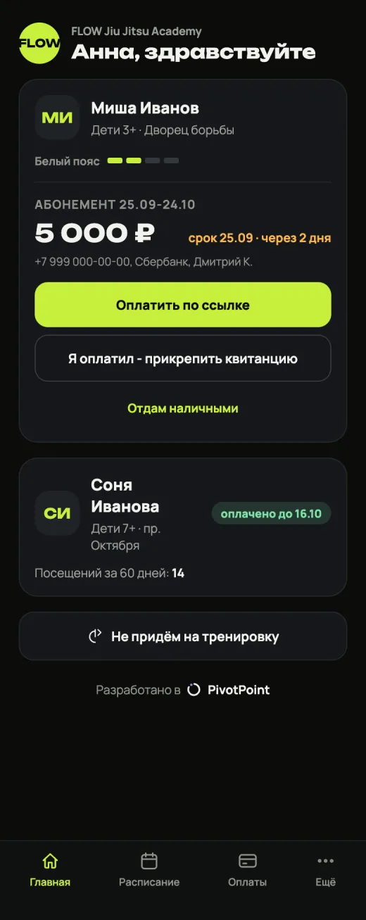Главный экран родителя: абонемент, срок и кнопки оплаты