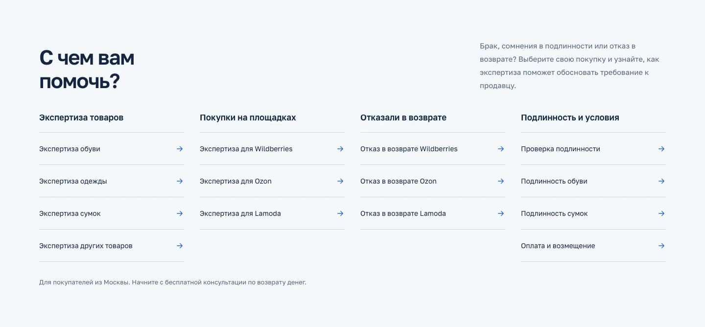 Блок «С чем вам помочь» на сайте VERIDO: четыре группы направлений
